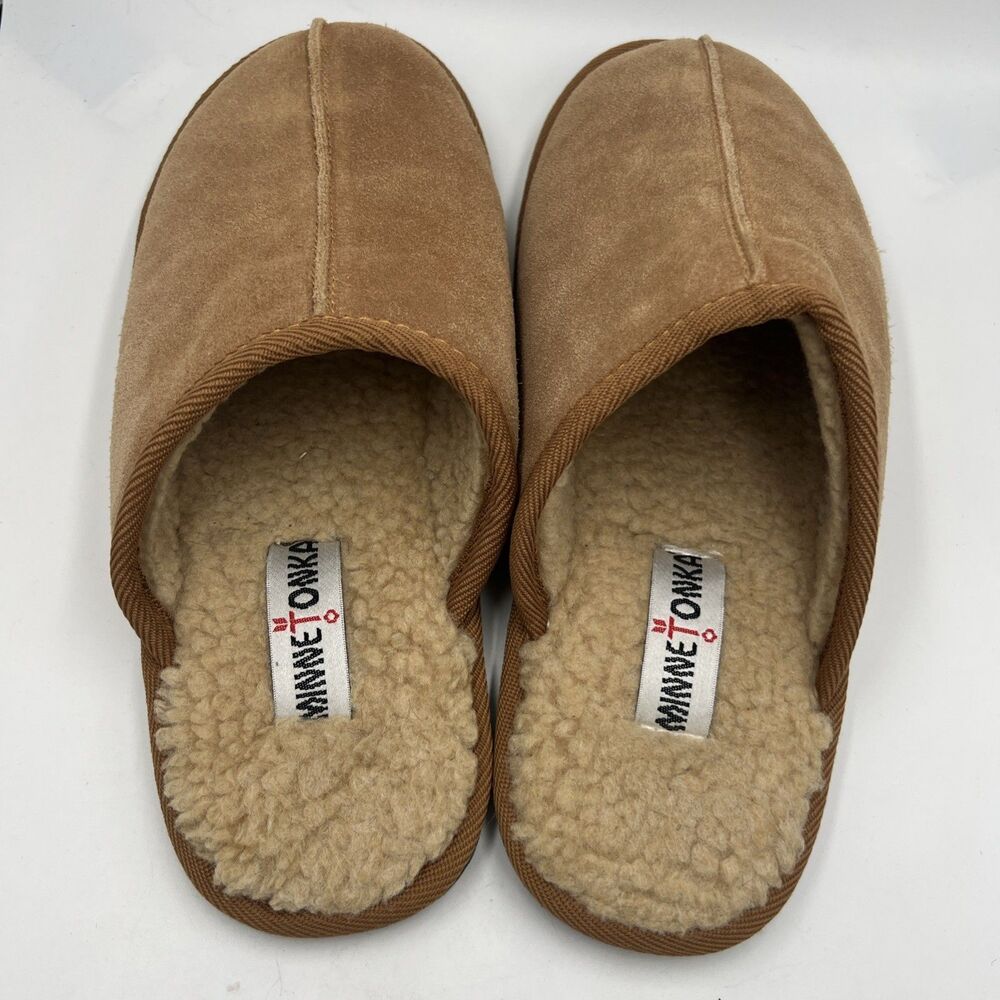 MINNETONKA CINNAMON STUART CENTER SEAM Light Brown Leather Faux Fur Size 9 Woman